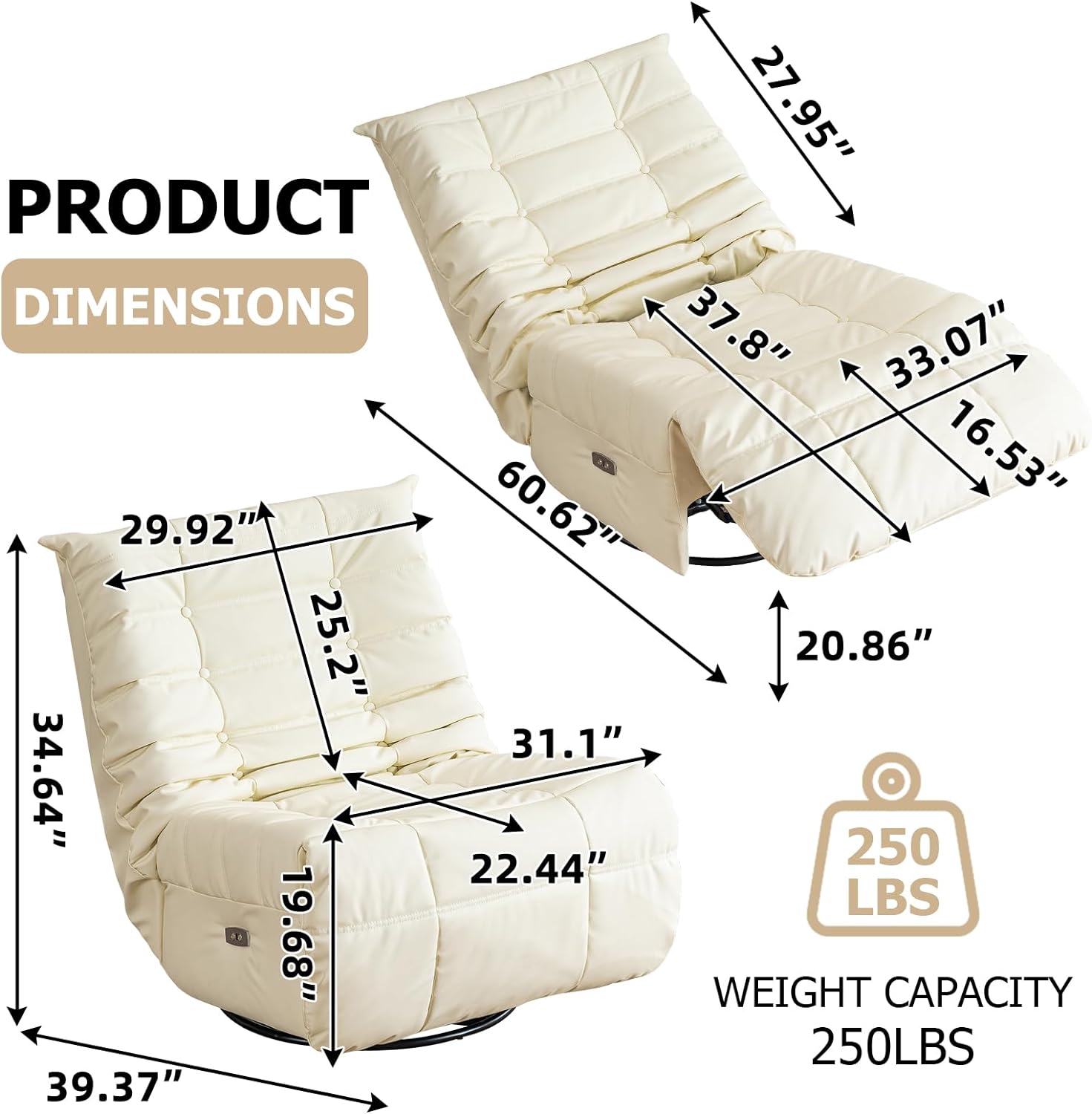 Swivel Glider Rocking Chair, Power Recliner Chair with Side Pocket, Home Theater Lounge Chair, Leisure Single Swivel Rocking Sofa Chair with USB Charger for Living Room (White)