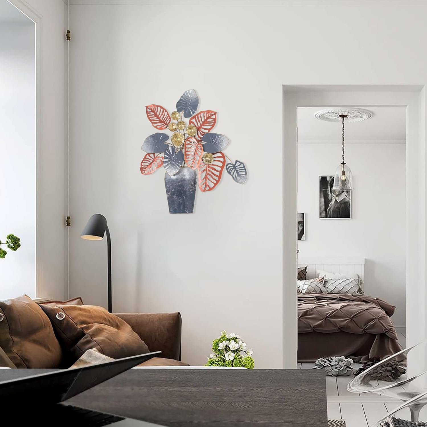 19 inch Metal Leaf Wall Decor in Vase Home Wall Art Sculptures