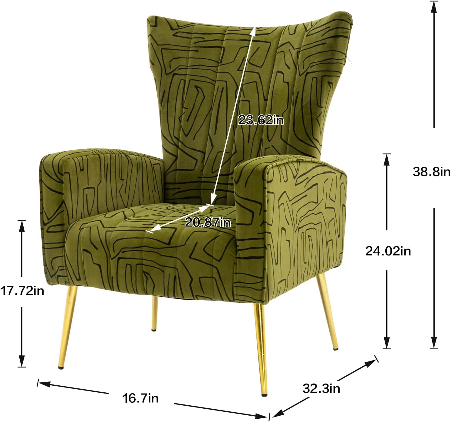 Velvet Accent Chair with Metal Gold Legs Upholstered Wingback Armchair Side Lounge Chair Leisure Single Sofa Arm Club Reading Chair for Living Room Bedroom Office (Olive)