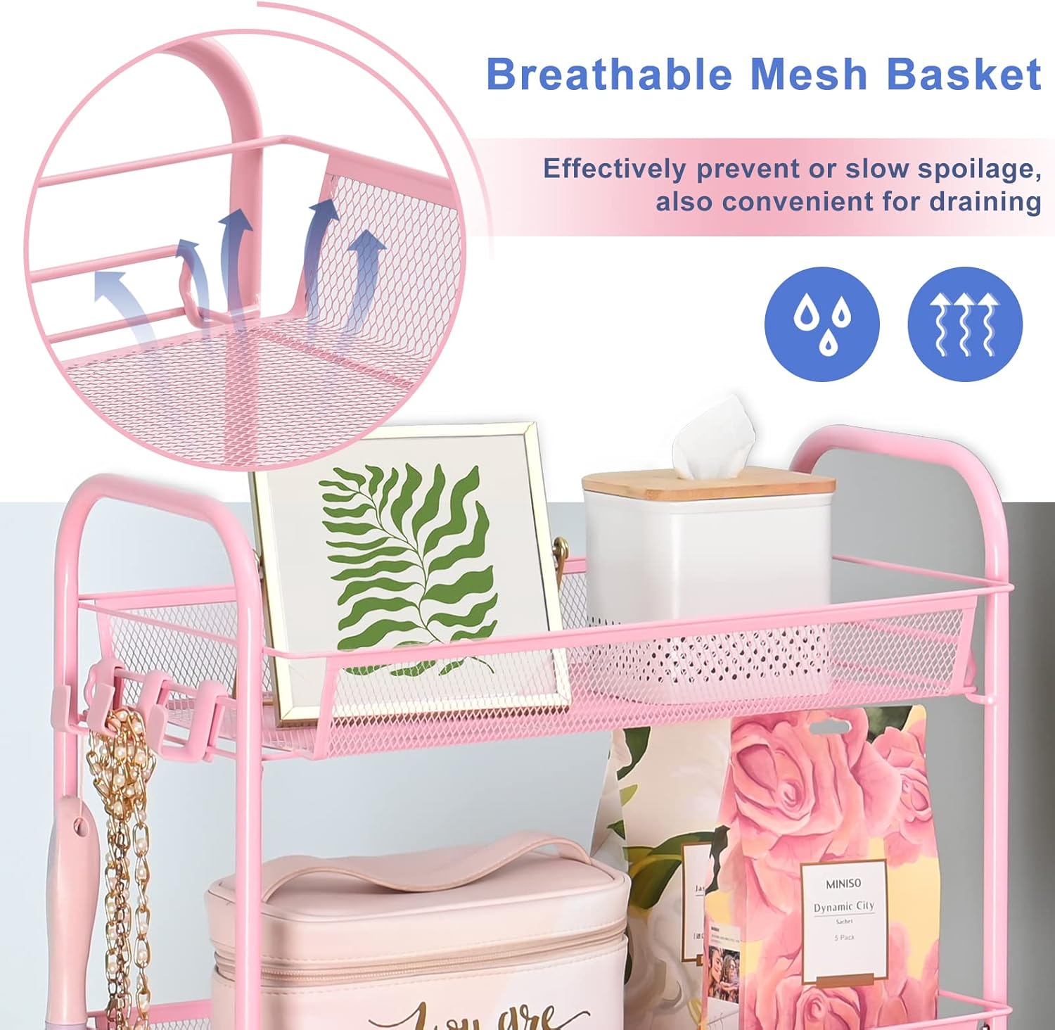 3-Tier Metal Rolling Cart, Mesh Wire Easy Assemble Utility Cart, Storage Trolley on Wheels with 3 Hooks
