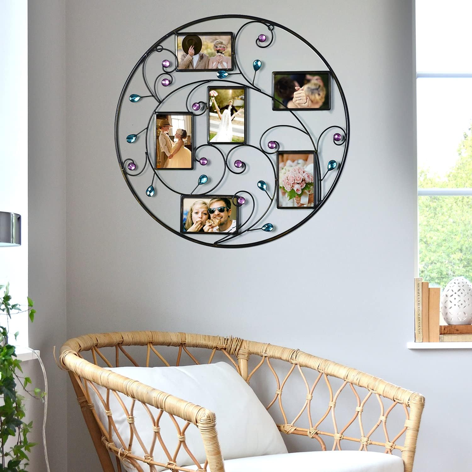 Metal Photo Frame Decorative Cystal Wall Hanging Collage Picture Frame with 6 Openings