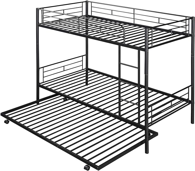 Metal Bunk Bed with Trundle Twin Over Twin Bunk Bed Frame with Ladder and Safety Rails for Kids Triple Metal Bunk Can be Divided into Two beds, Black