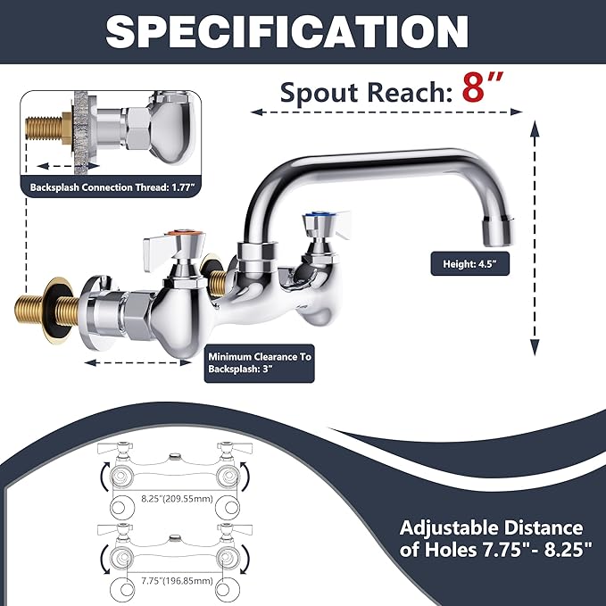 Wall Mount Commercial Sink Faucet with 8” Swivel Spout Polish Chrome Brass Utility Sink Faucet for Kitchen Laundry Restaurant Industrial Compartment Sink