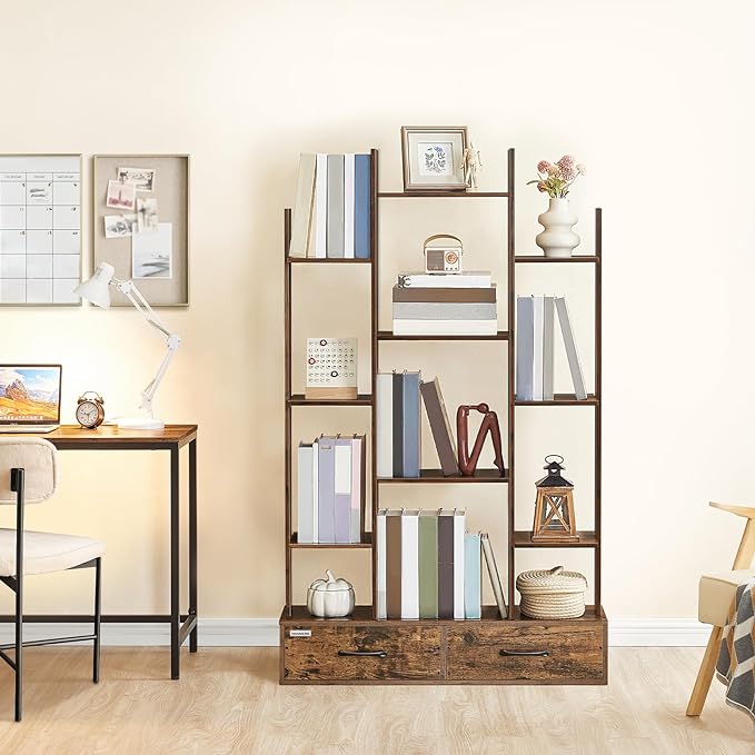 Bookcases and Bookshelves, 4-Tier Bookcase with 12 Shelves and 2 Drawers