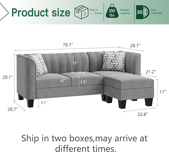 Upgraded Convertible Sectional Sofa Couch, 3 Seat L Shaped Sofa with High Armrest Linen Fabric Small Couch Mid Century for Living Room, Apartment and Office (Light Grey)