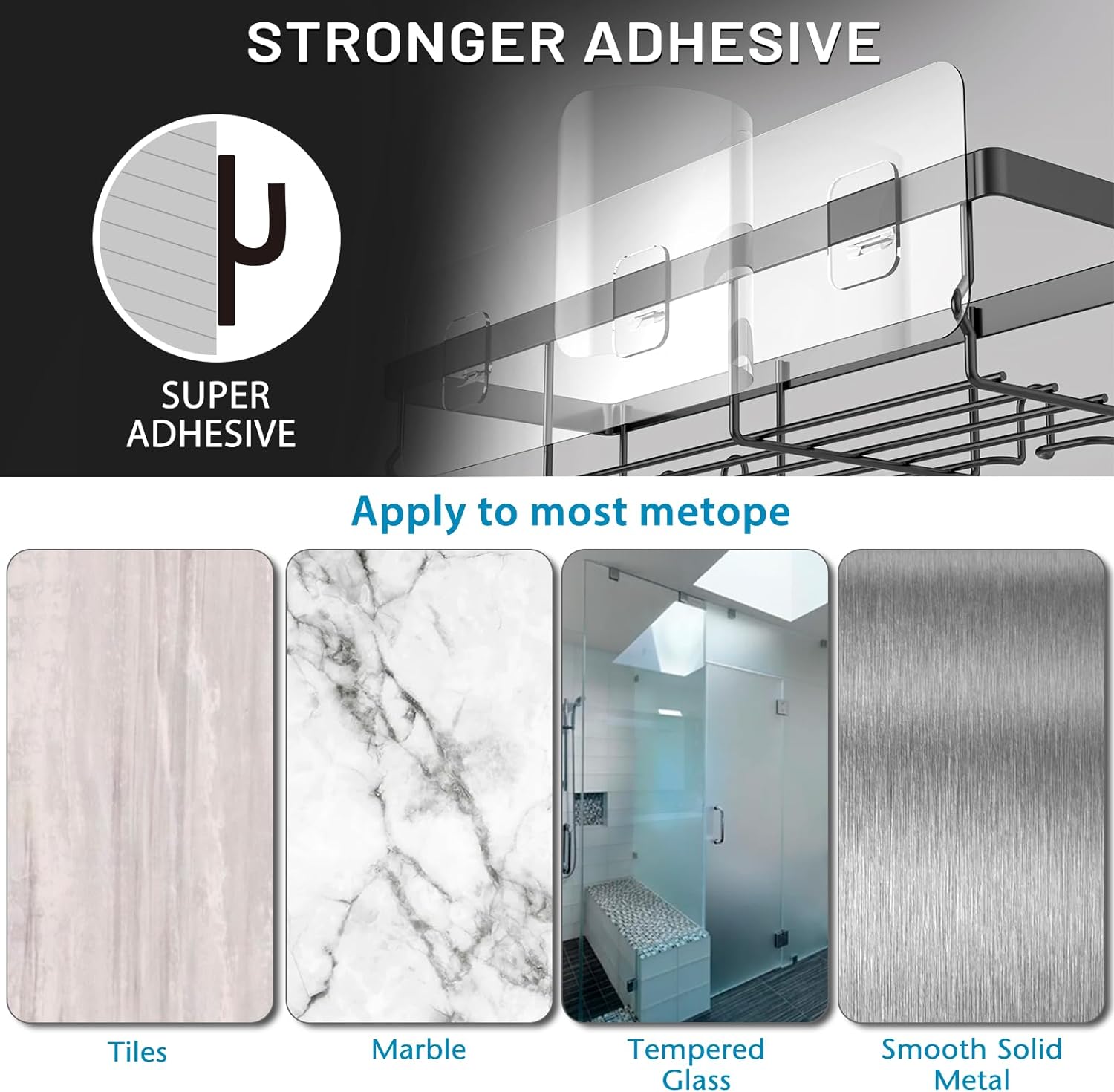 Shower Caddy Shelf Organizer Rack, Self Adhesive Black Bathroom Shelves Basket, Home Farmhouse Wall Inside Organization