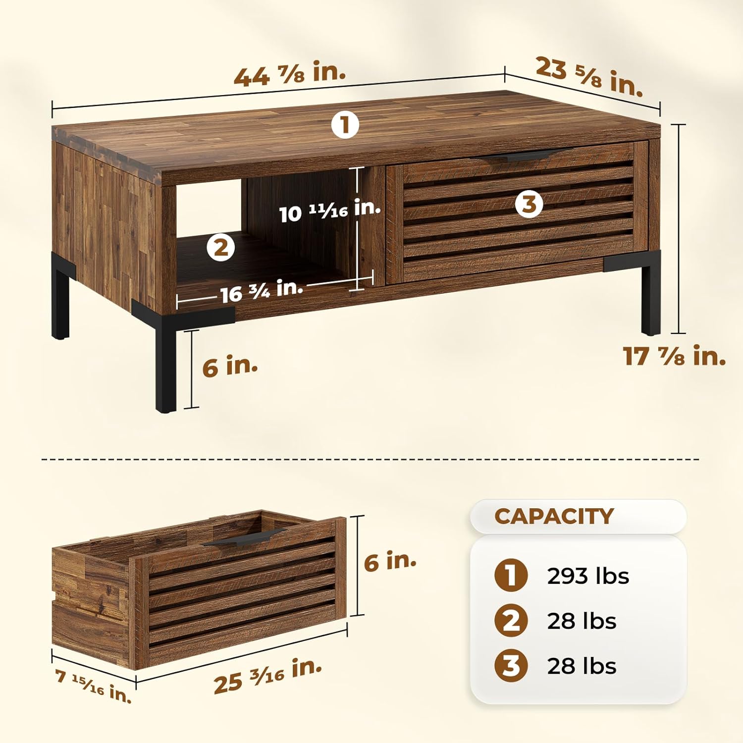 Solid Wood Coffee Tables, Industrial Modern Living Room Center Desk with 2 Storage Drawers