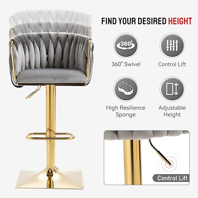Bar Stools Set of 2 with 360° Swivel Hand Woven Backrest Design Upholstered Adjustable Counter Velvet Bar Stool with Golden Bracket Back and Footrest Bar Chair for Kitchen, Pub (Grey)