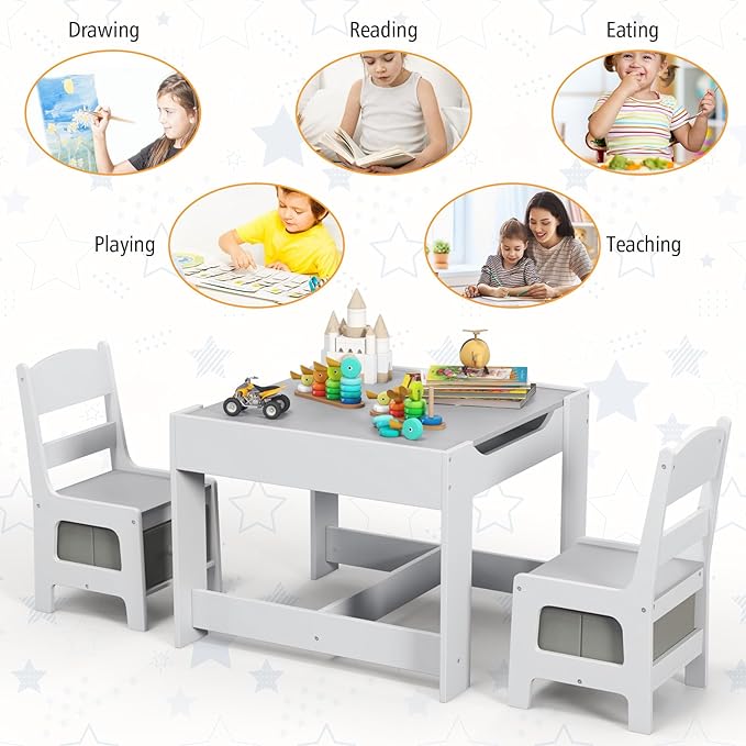 Kids Table and Chair Set, 3 in 1 Wood Children Desk Set