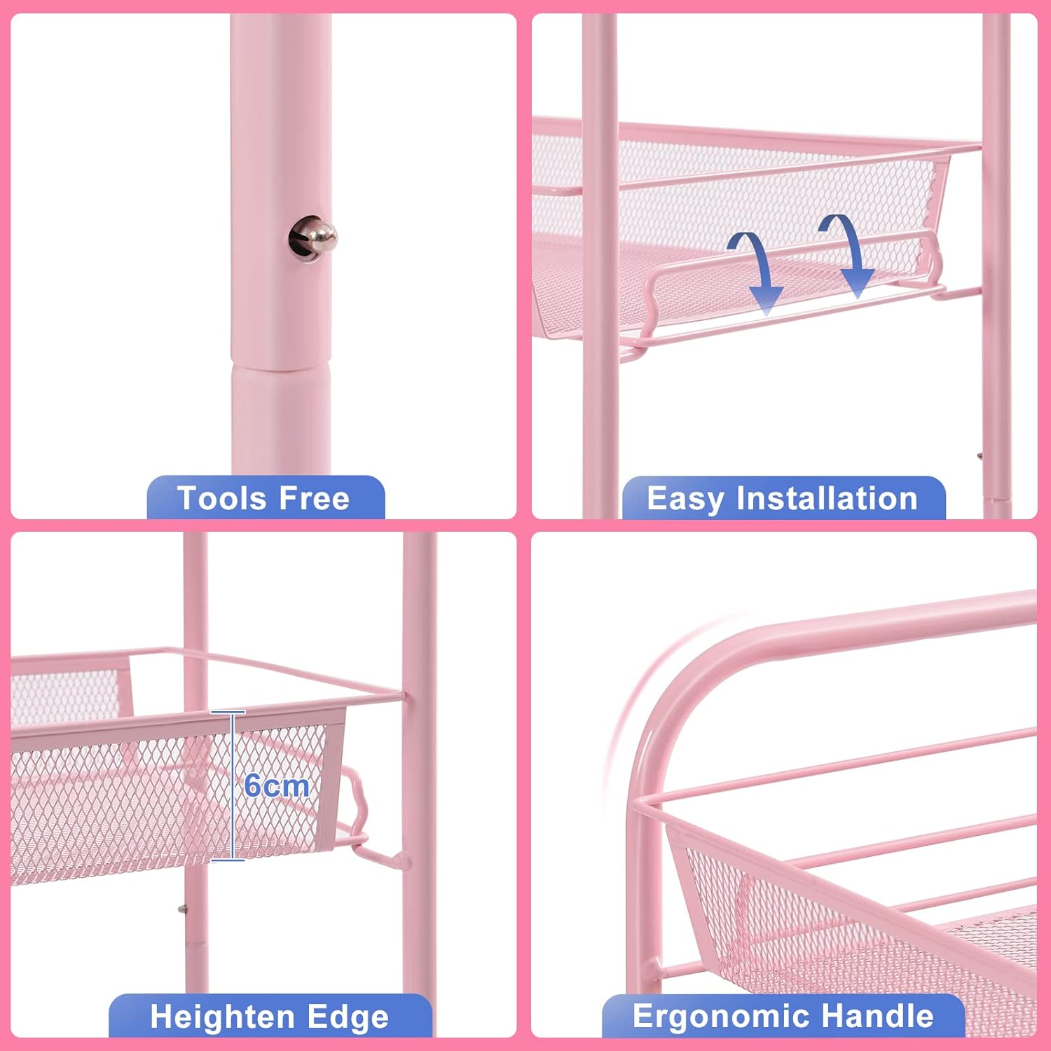3-Tier Metal Rolling Cart, Mesh Wire Easy Assemble Utility Cart, Storage Trolley on Wheels with 3 Hooks