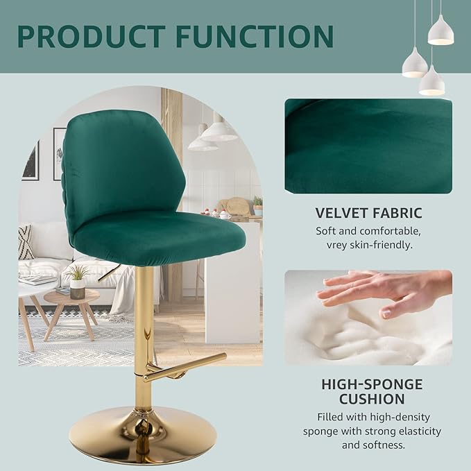 Modern Velvet Bar Stools Set of 2, Swivel Barstools with Golden Legs, Back Ring Design, Kitchen Island Chairs, Counter Height Stool for Home Bar, Kitchen Island,Pub, Cafe (Green)