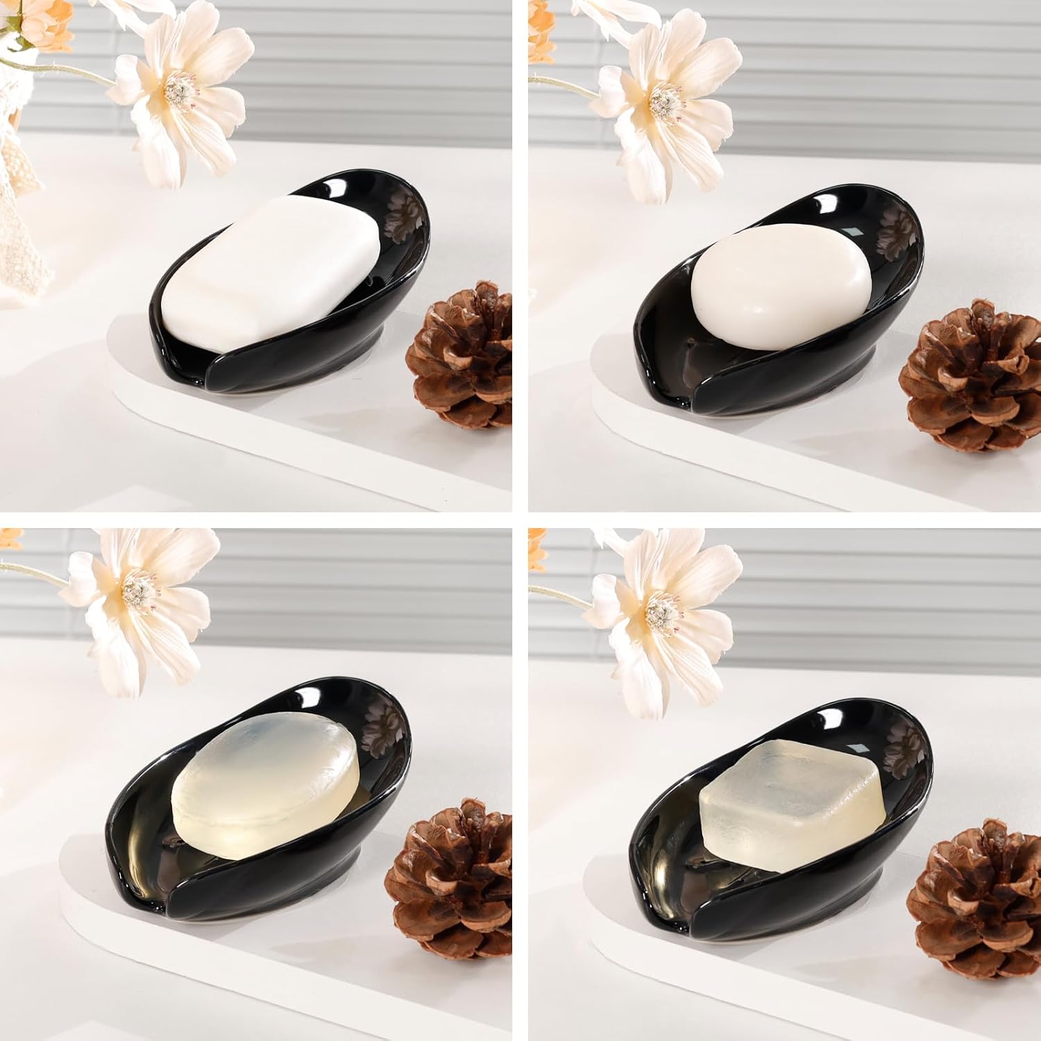 Self Draining Soap Dish, Leaf Shape Ceramic Bar Soap Holder Drain Soap Dishes for Bathroom Sink Kitchen, Easy to Clean Keeps Soap Dry