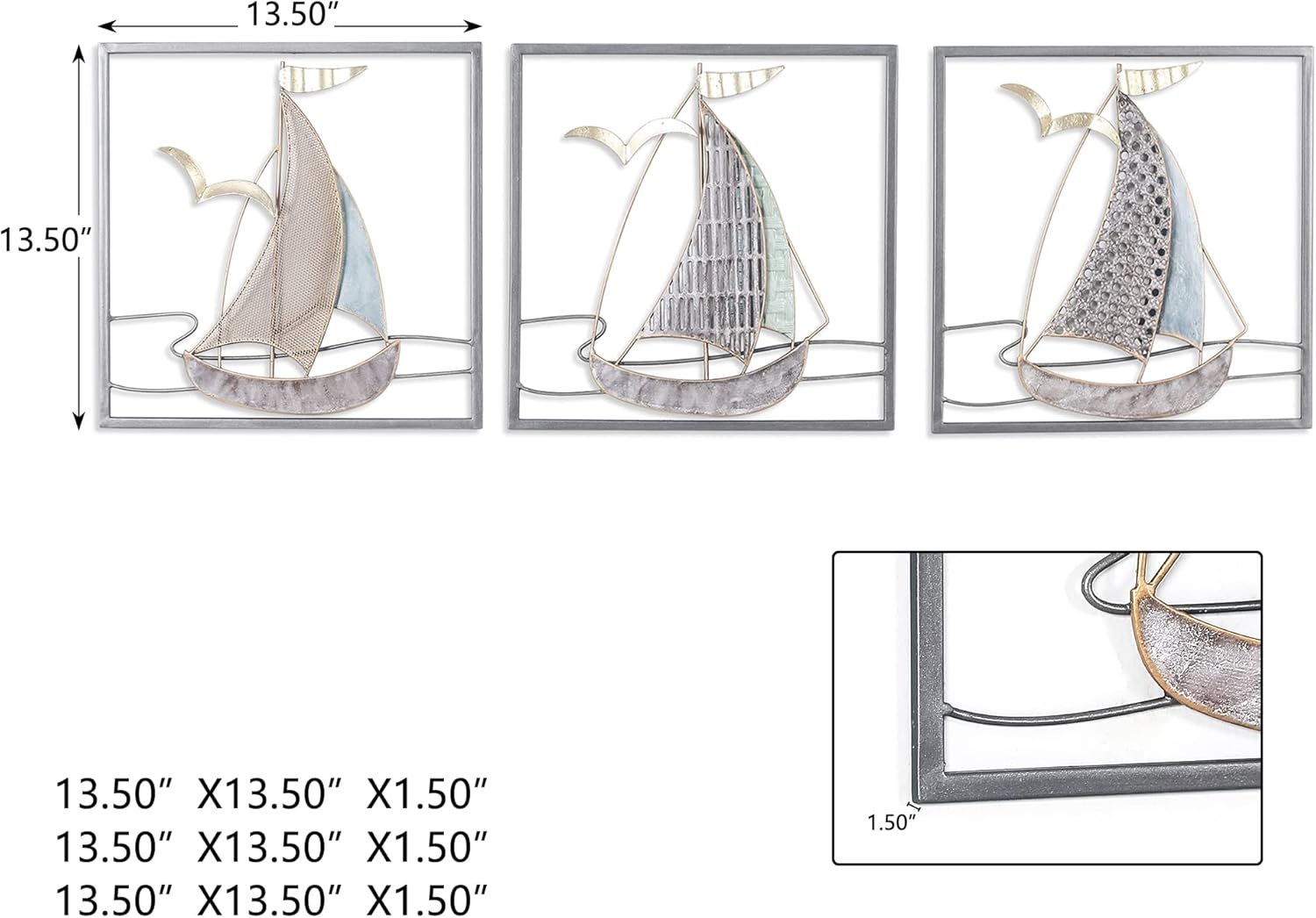3D Metal Sailboat Wall Art Set of 3, Handmade Antique Finishing 24 inch Metal Wall Sculptures