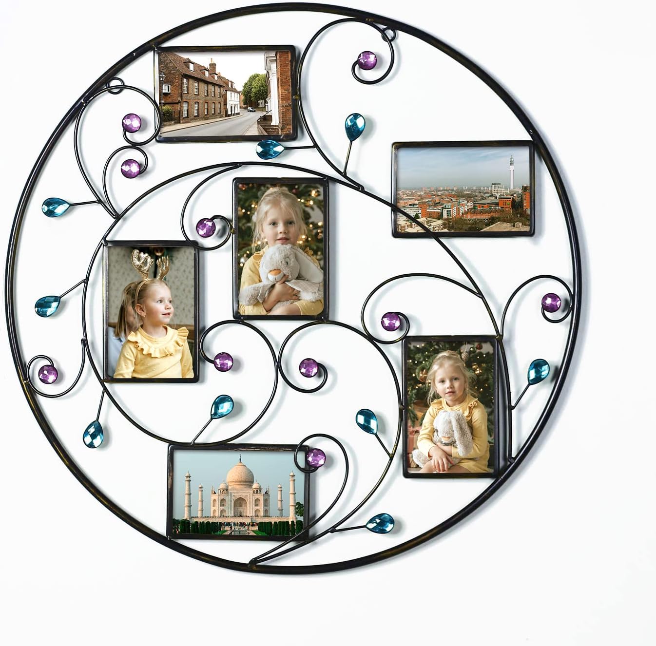 Metal Photo Frame Decorative Cystal Wall Hanging Collage Picture Frame with 6 Openings