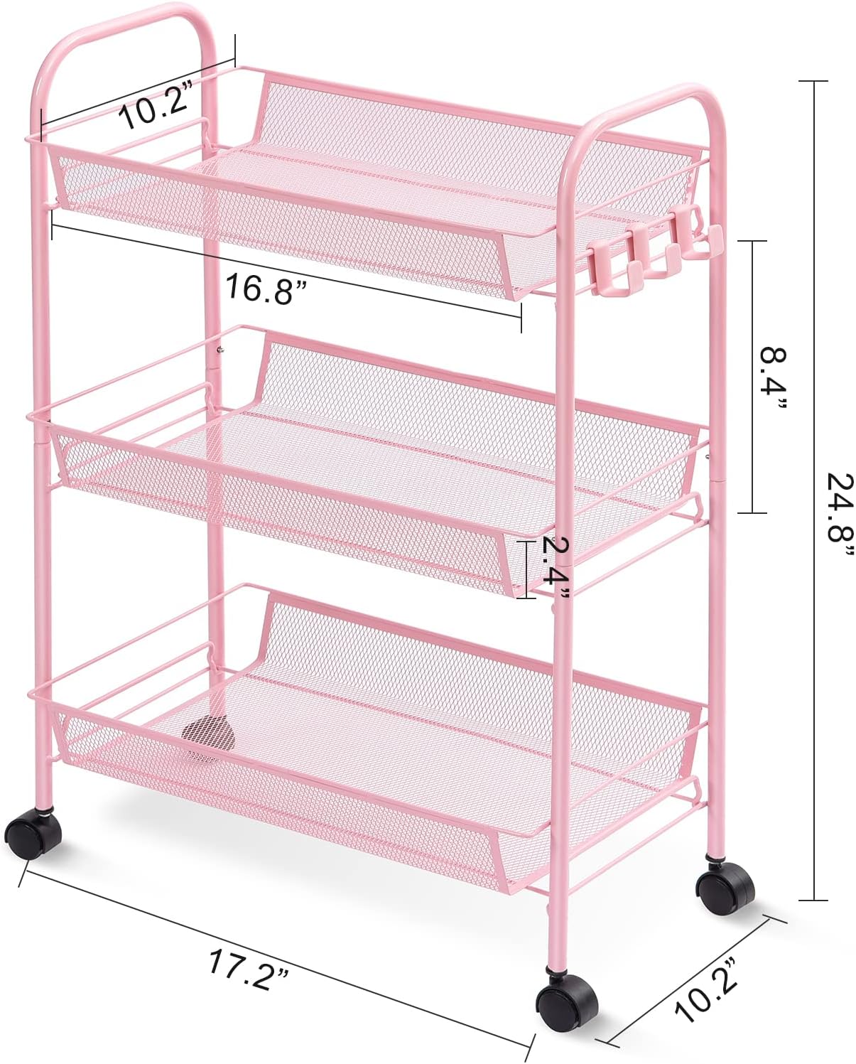 3-Tier Metal Rolling Cart, Mesh Wire Easy Assemble Utility Cart, Storage Trolley on Wheels with 3 Hooks