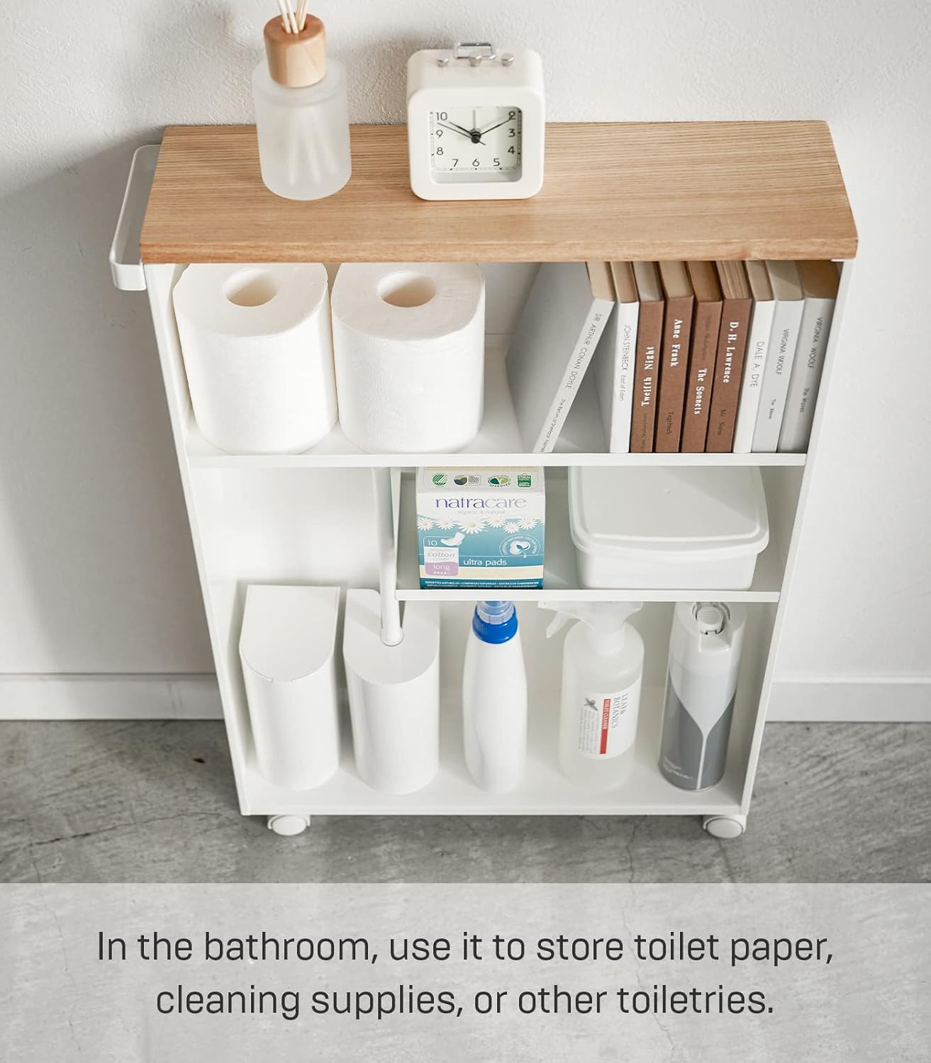 Rolling Slim Bathroom Utility Cart with Handle - Storage Shelf Narrow Organizer Rack Steel One Size White