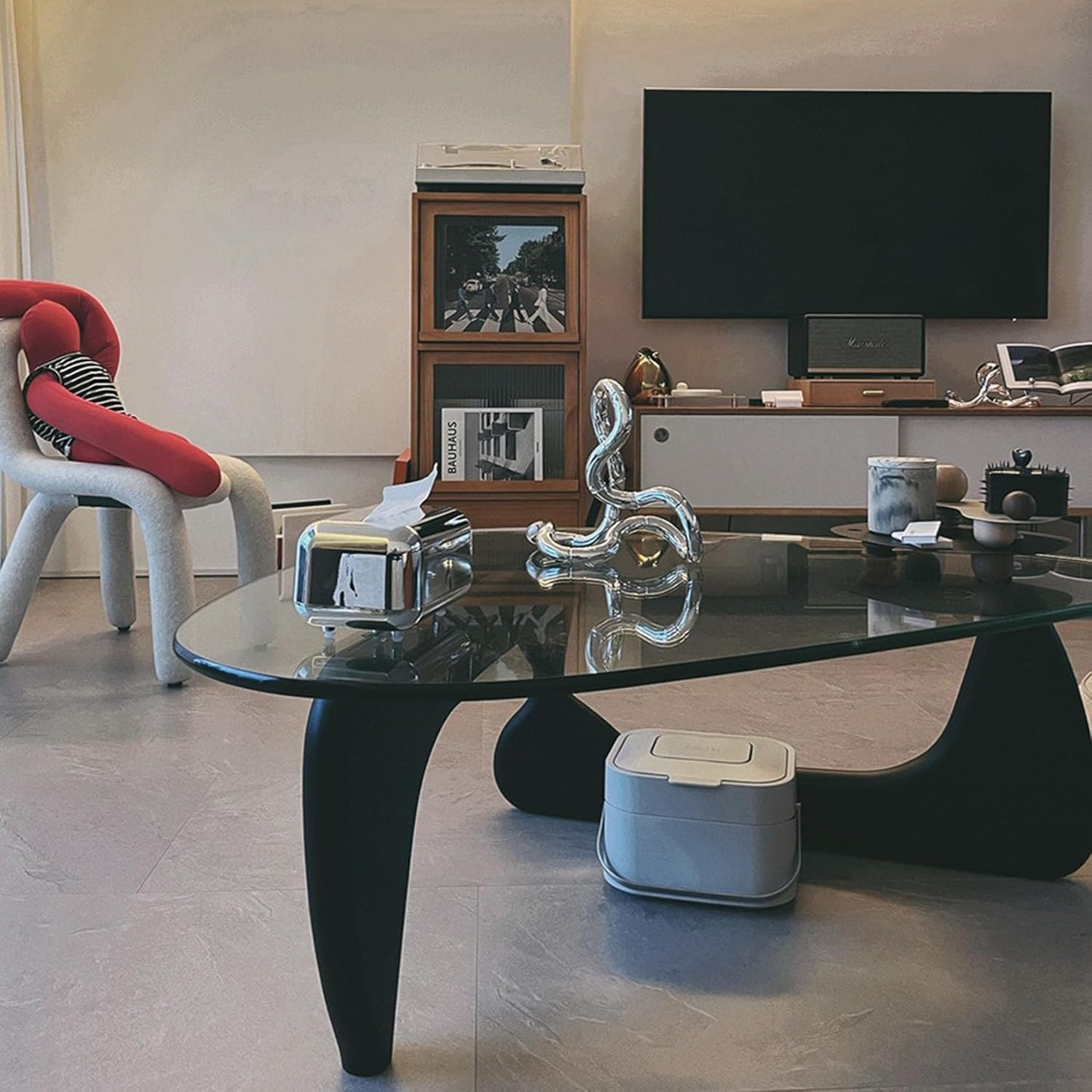 Triangle Coffee Table in Walnut Mid Century Modern Solid Wood Base and Triangle Clear Glass Coffee Table