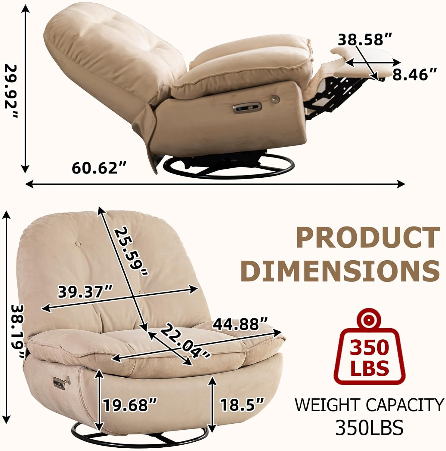 Electronic Recliner, 360 Degree Swivel Glider Rocking Chair with USB Charger, Swivel Single Sofa Seat with Bluetooth, Home Theater Recliner Seat with Phone Holder (Camel)