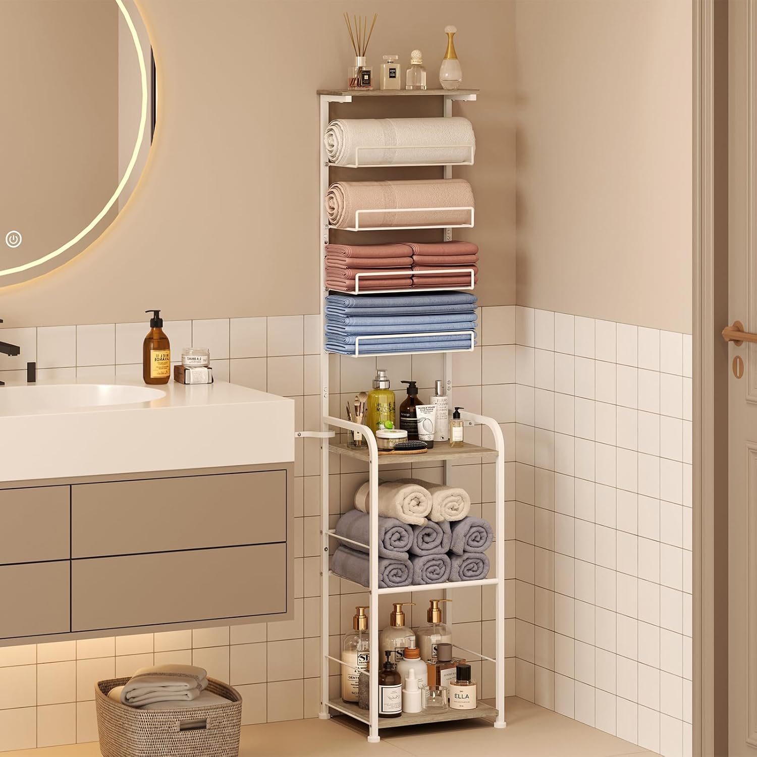 8-Tier Free Standing Towel Rack for Bathroom, Adjustable Height Towel Holder for Different Towel Sizes