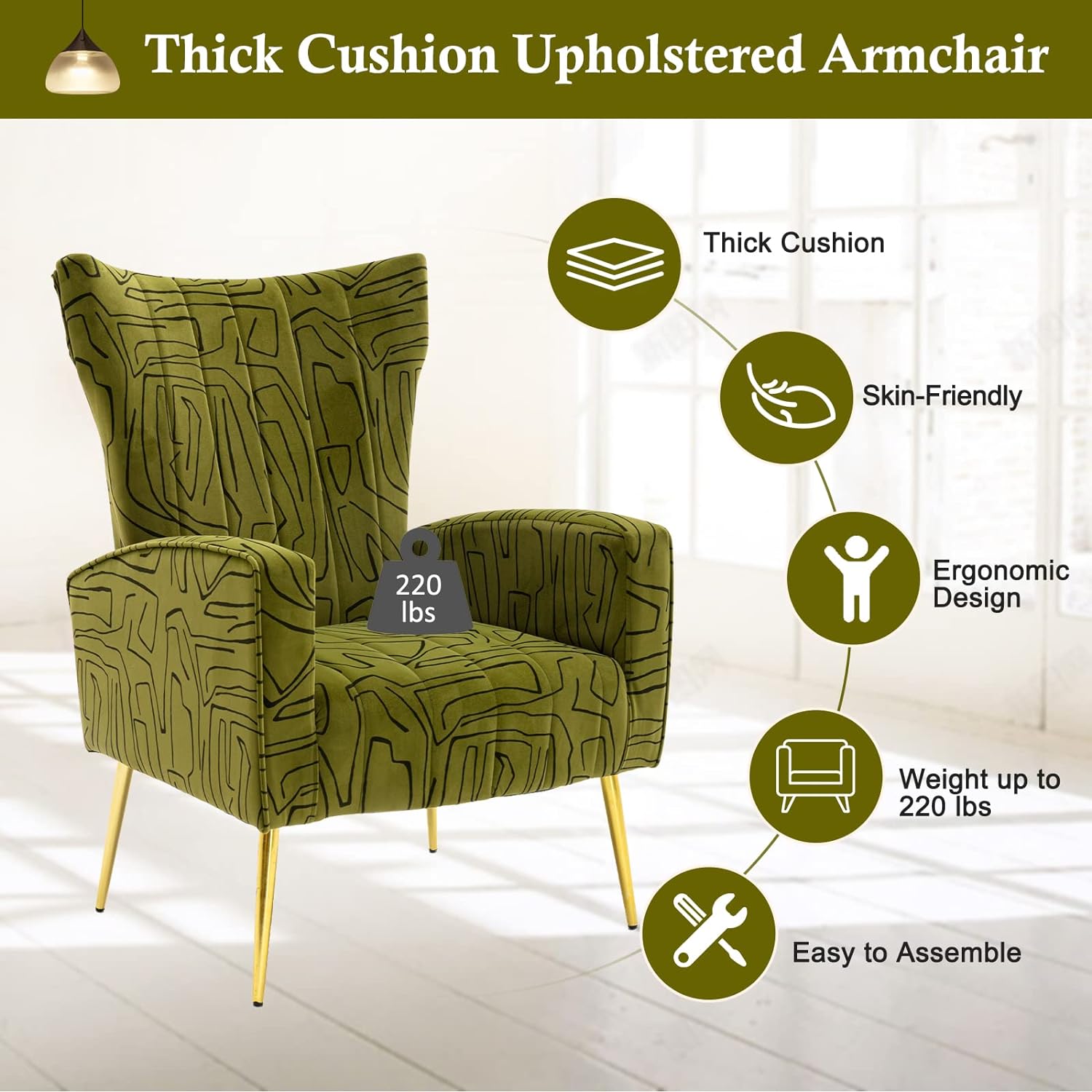Velvet Accent Chair with Metal Gold Legs Upholstered Wingback Armchair Side Lounge Chair Leisure Single Sofa Arm Club Reading Chair for Living Room Bedroom Office (Olive)
