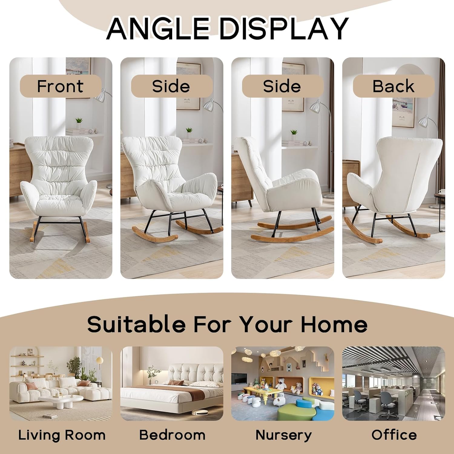 Nursery Rocking Chair, Velvet Upholstered Glider Rocker, Rocking Accent Chair with High Backrest, Comfy Rocking Accent Armchair for Living Room, Bedroom, Offices (Ivory Velvet)