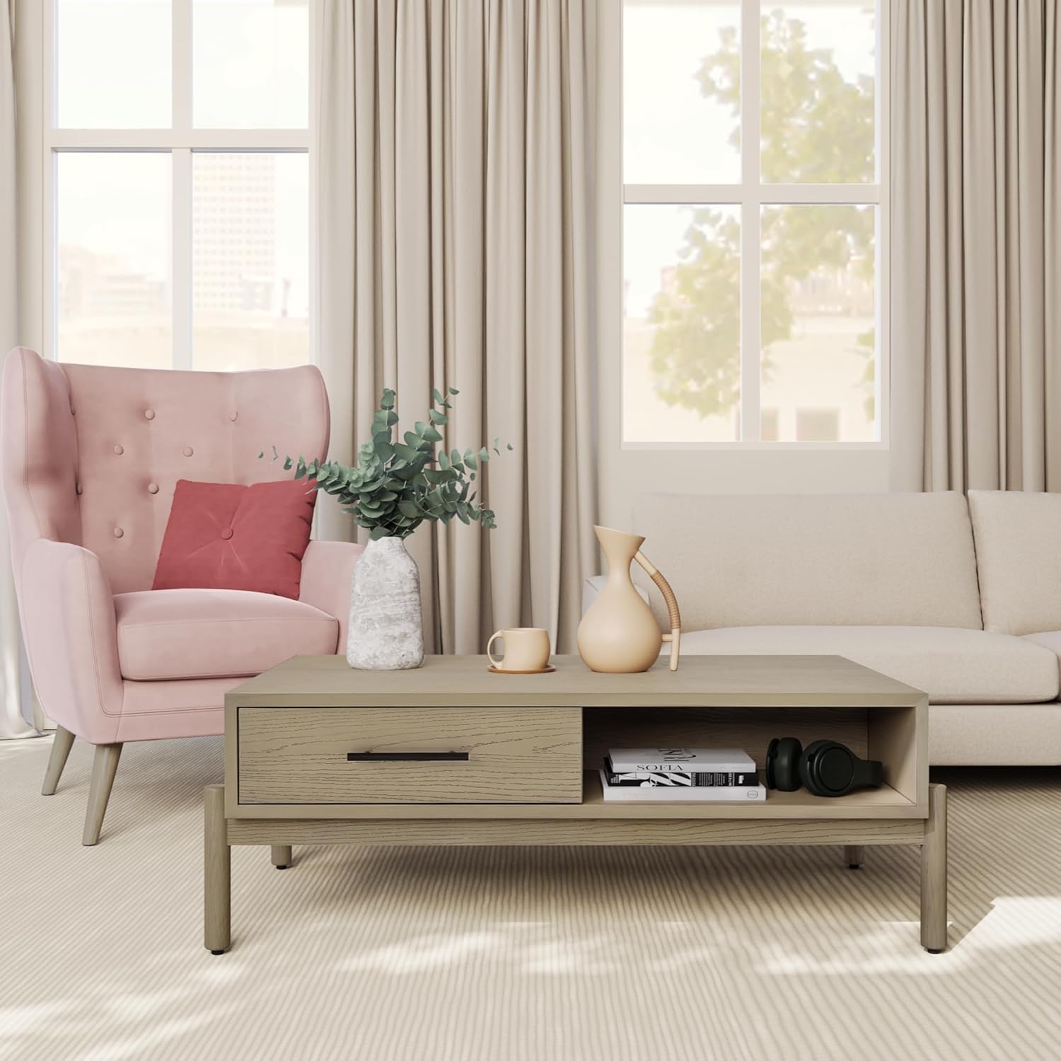 Solid Wood Rectangle Coffee Table for Living Room - Mid Century Modern Center Table with Storage