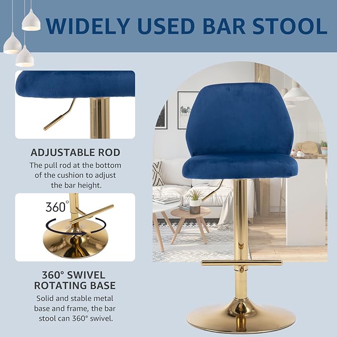 Modern Velvet Bar Stools Set of 2, Swivel Barstools with Golden Legs, Back Ring Design, Kitchen Island Chairs, Counter Height Stool for Home Bar, Kitchen Island,Pub, Cafe (Navy Blue)