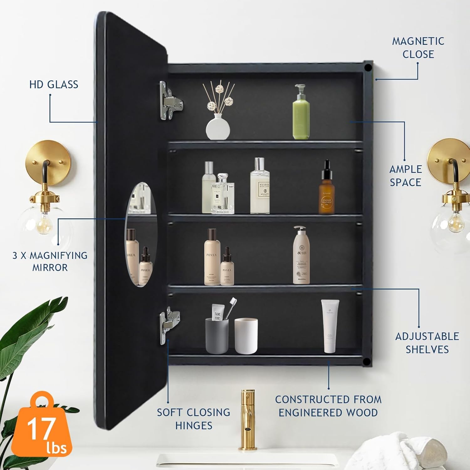 Black Medicine Cabinet Mirror for Bathroom, 20x30 Inch Small Recessed Medicine Cabinet or Surface Mount