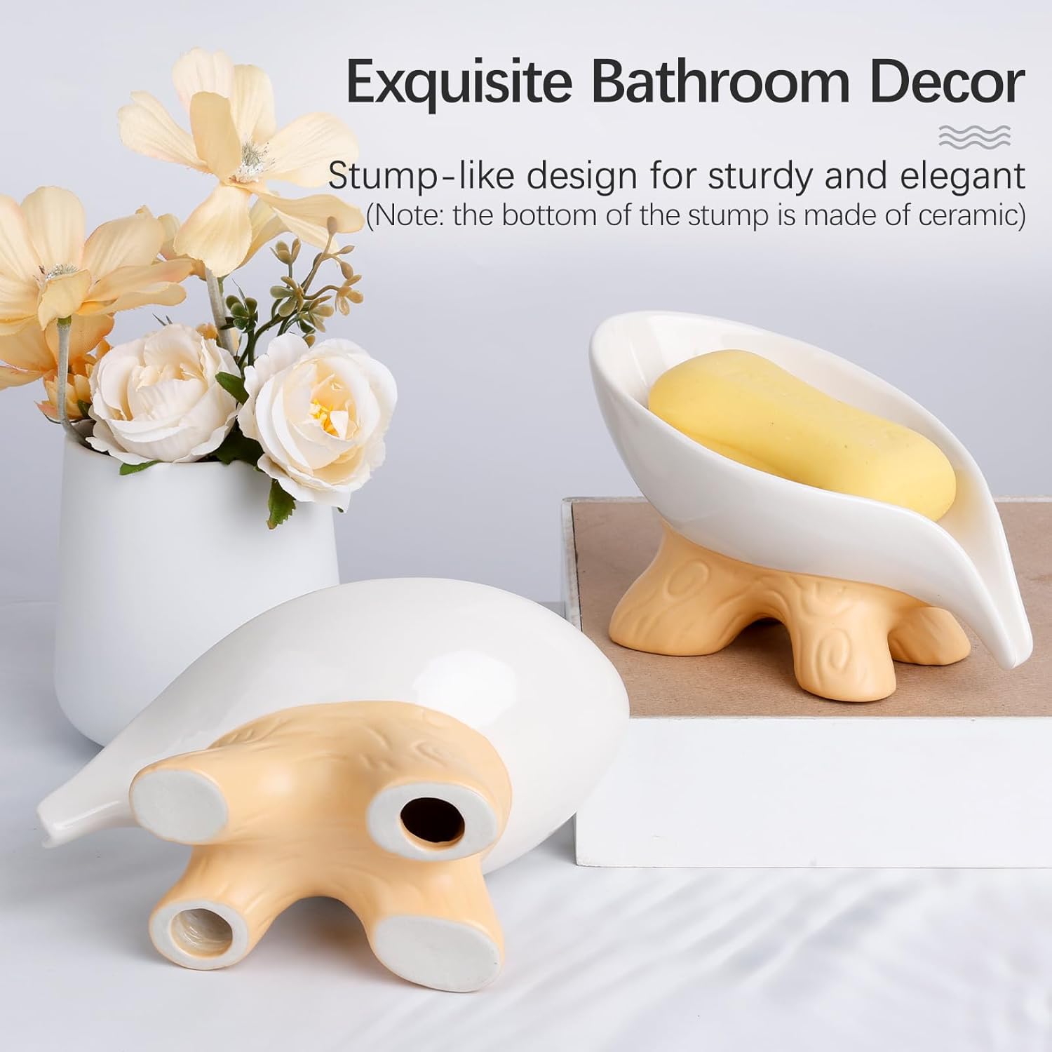 Soap Holder Self Draining Leaf Shape Soap Dishes, Ceramic Draining Soap Dish for Bathroom Shower, White Farmhouse Soap Holder with Stump
