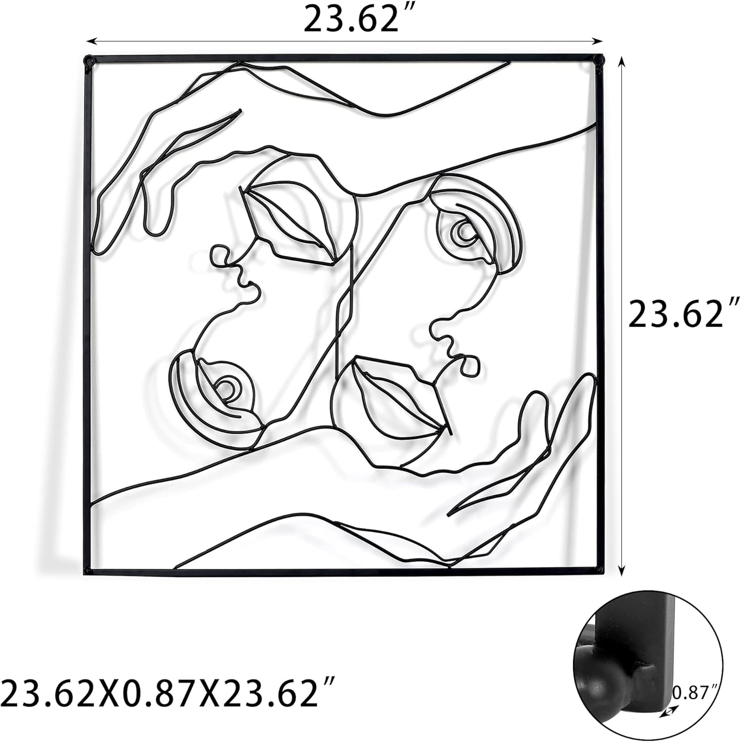 Metal Minimalist Face Wall Art Framed Abstract Wall Art, 23 x 23 inch Black Simple Line Home Hanging Wall Sculptures