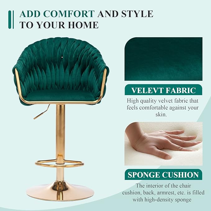 Velvet 360° Swivel Bar Stools with Hand Woven Backrest Design Upholstered Adjustable Counter Bar Stool with Golden Bracket Back and Footrest Bar Chair for Kitchen, Pub (1, Green)