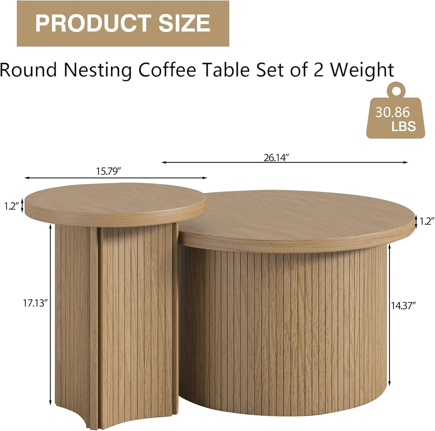 Set of 2 Nesting Coffee Tables Farmhouse,Round Coffee Tables Living Room,Wood Finish Coffee Table Set