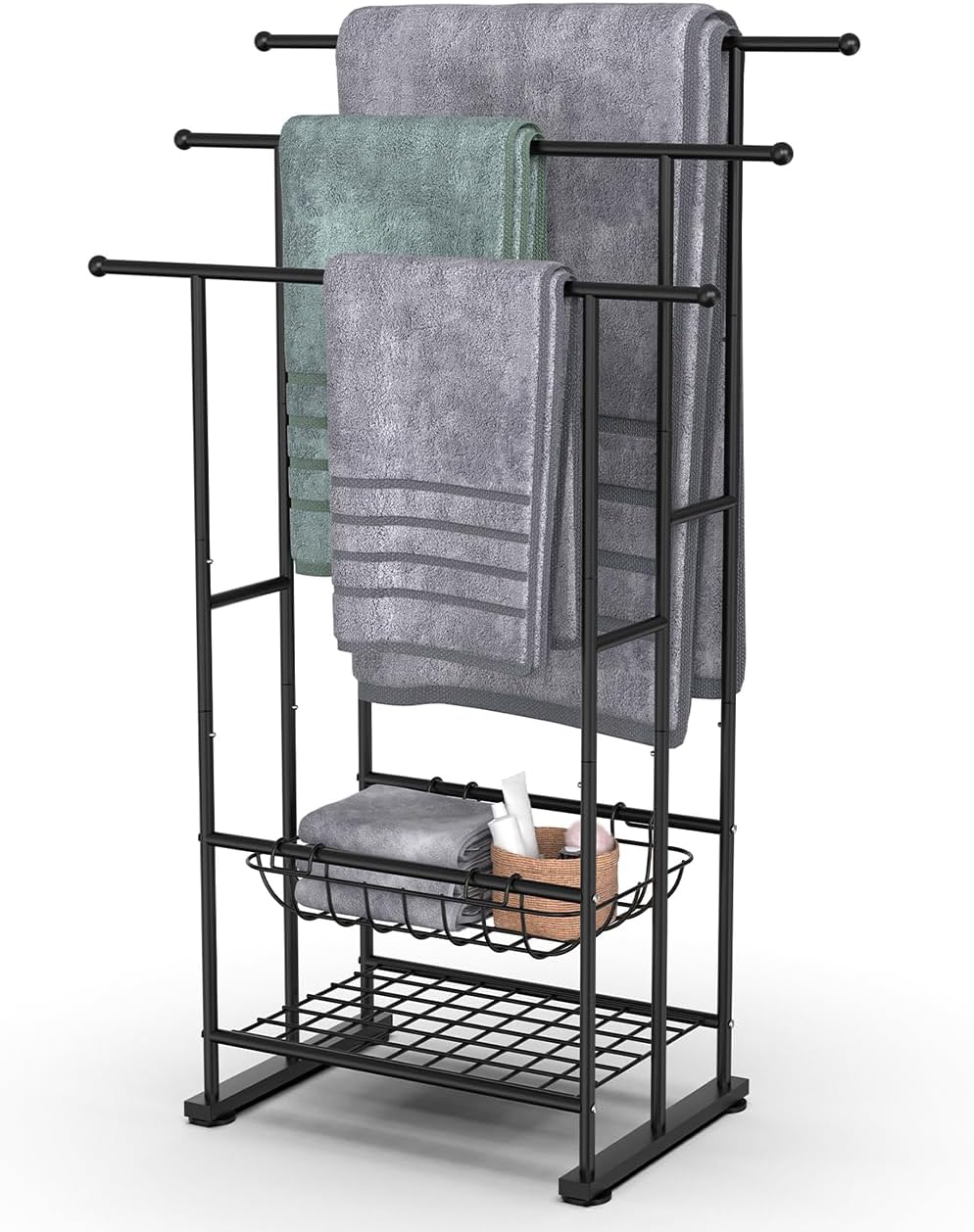 3 Tier Freestanding Towel Rack for Bathroom, 40" Tall Floor Standing Towel Racks with Storage Basket and Shelf