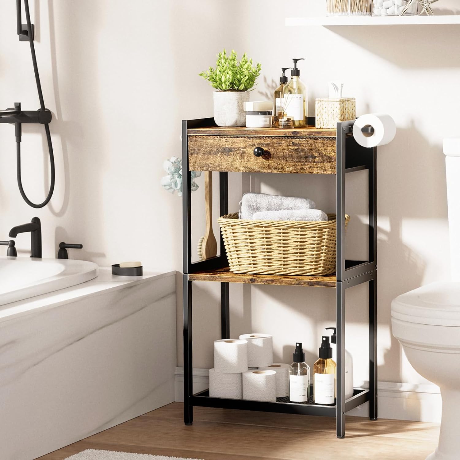 Farmhouse Bathroom Standing Shelf - Floor Freestanding Ladder Storage Shelves Organizer with Drawer Toilet Paper Holder