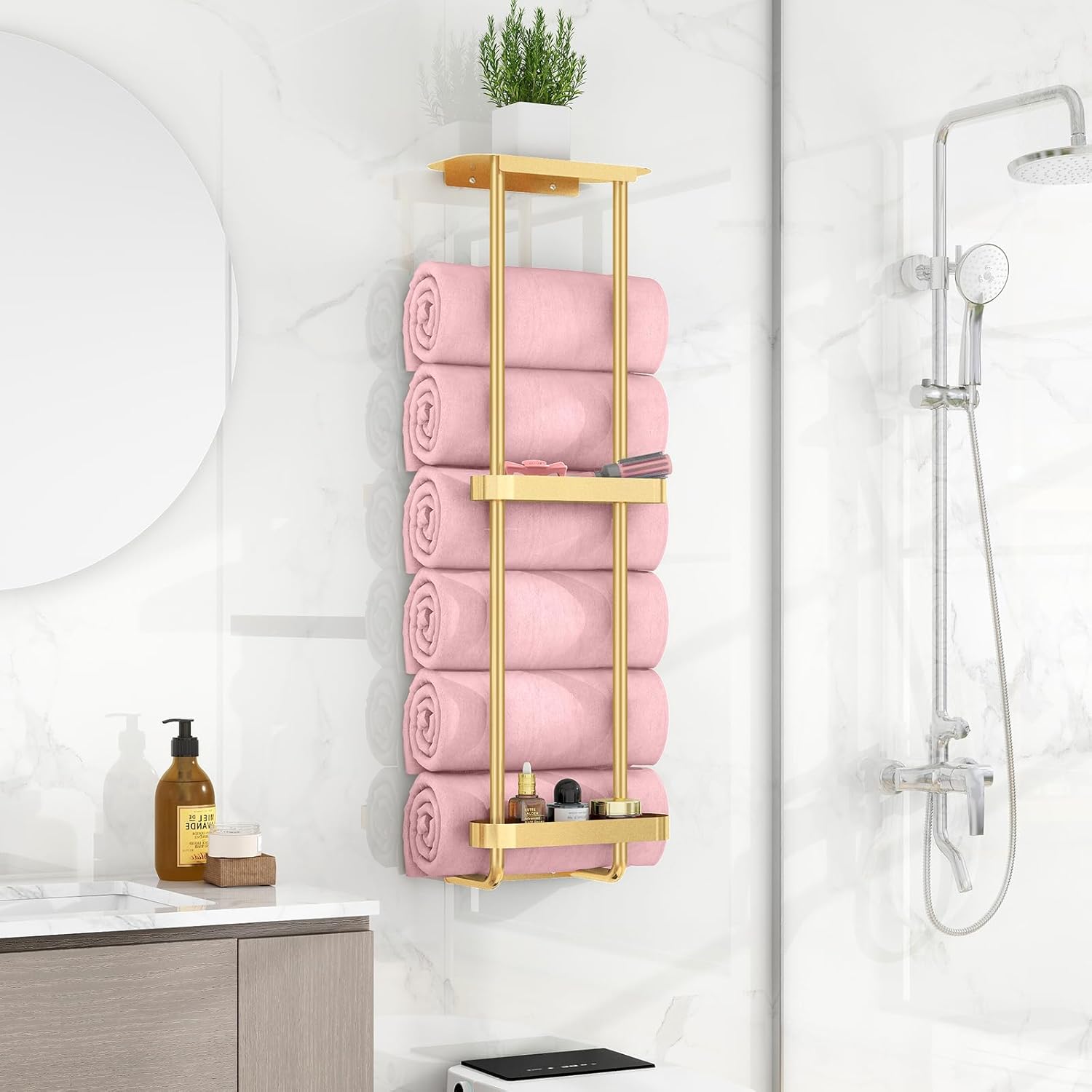 Towel Racks for Bathroom with Shower Caddy with Metal Shelf, 36.4 Inch Bathroom Towel Storage Wall Mounted