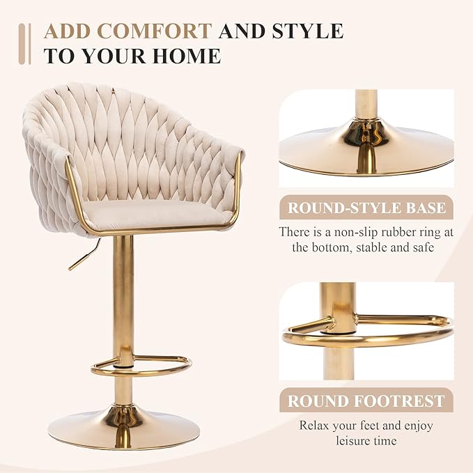 Velvet 360° Swivel Bar Stools with Hand Woven Backrest Design Upholstered Adjustable Counter Bar Stool with Golden Bracket Back and Footrest Bar Chair for Kitchen, Pub (1, Ivory)