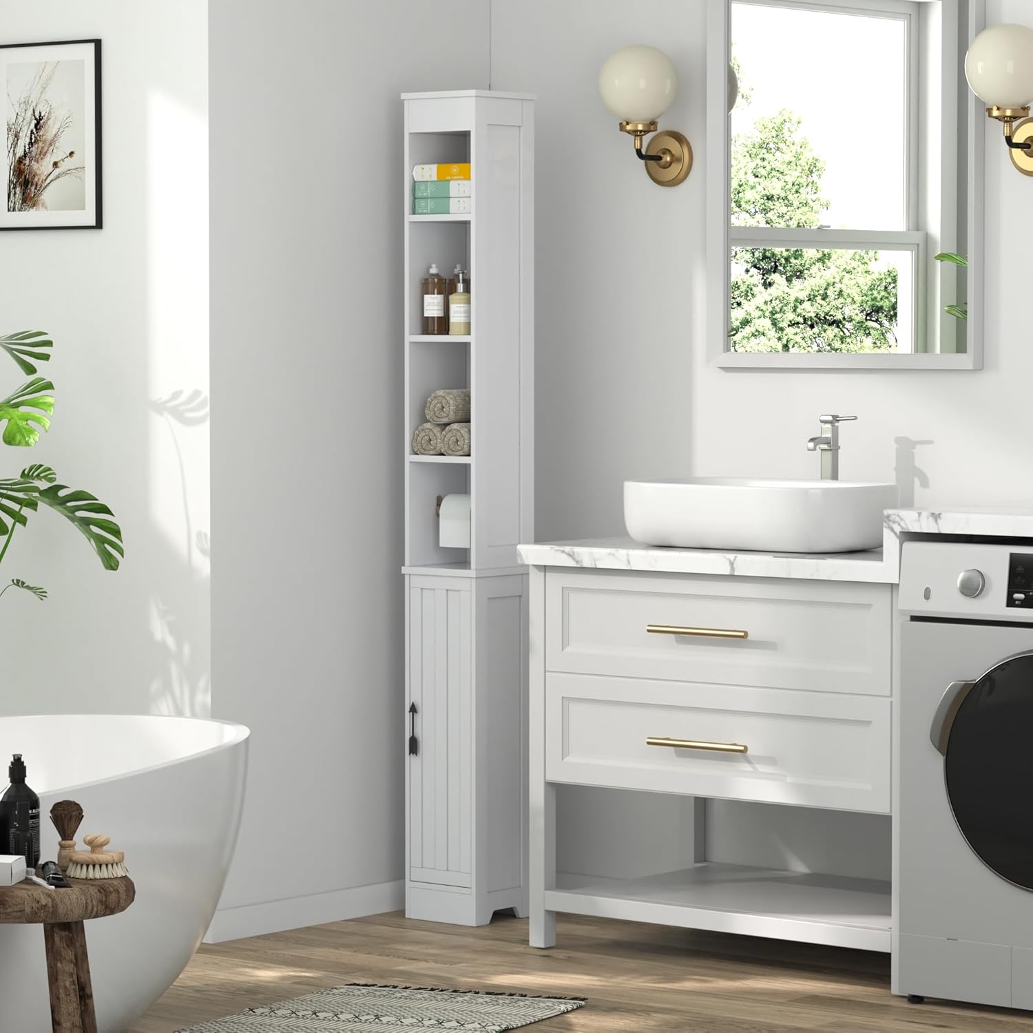 Bathroom Tall Cabinet with Adjustable Shelves, Slim Storage Cabinet with Toilet Paper Scroll