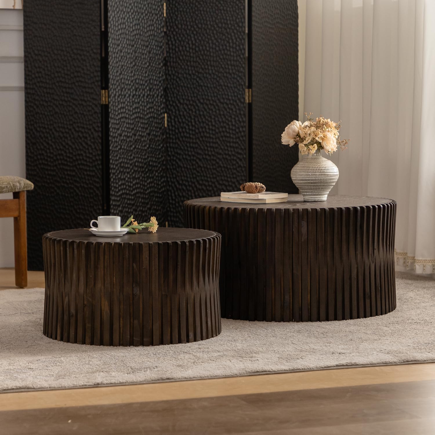 Nesting Coffee Table Set of 2, Round Coffee Table Modern Wood Drum Side Table End Table for Living Room