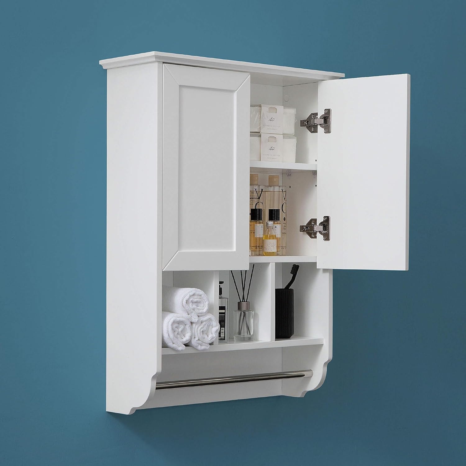 White Bathroom Wall Cabinet with Towel Bar,Wooden Medicine Cabinet Adjustable Shelves