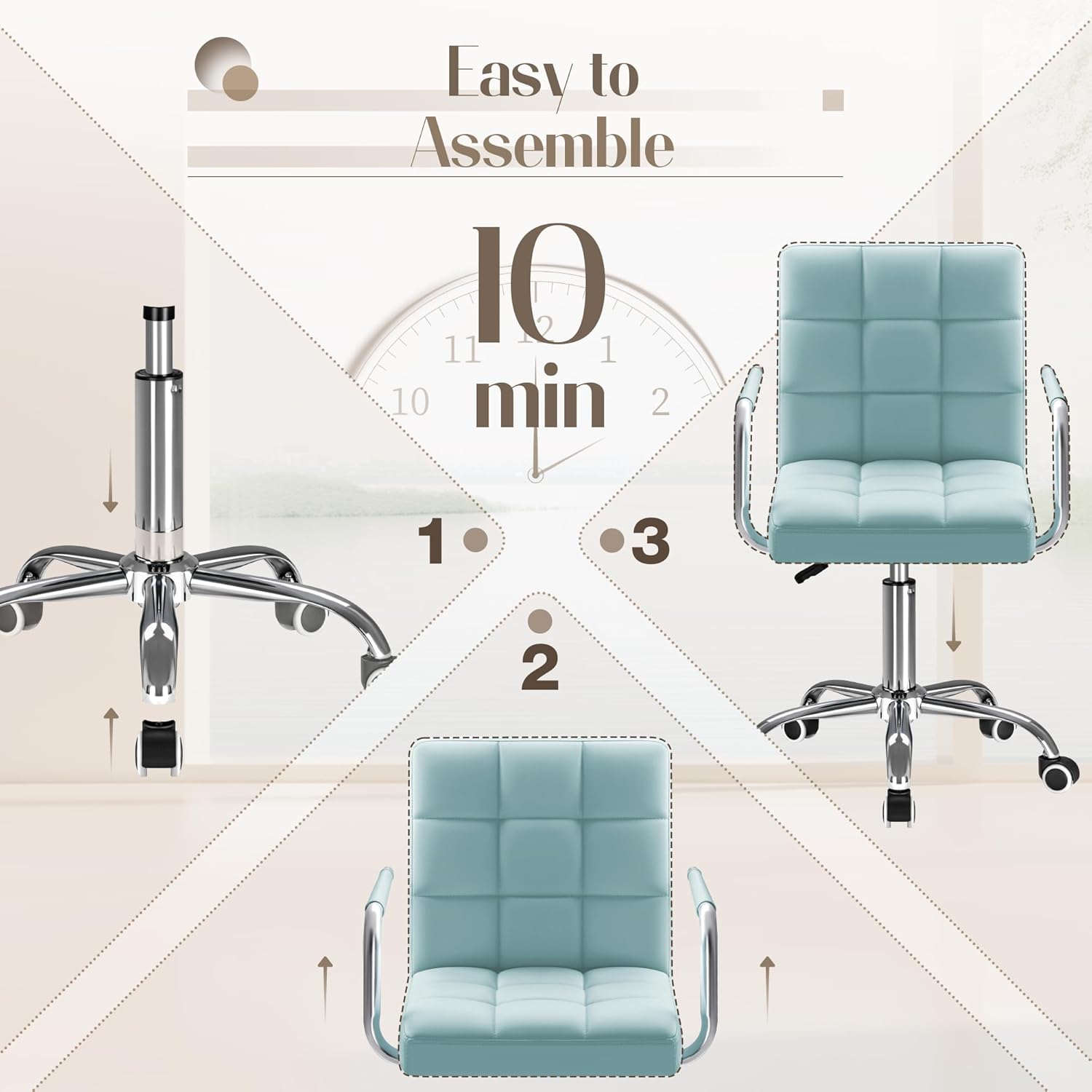 Mid-Back Office Task Chair Ribbed PU Leather Executive Chair Modern Adjustable Home Desk Retro Comfortable Work Chair 360 Degree Swivel with Arms