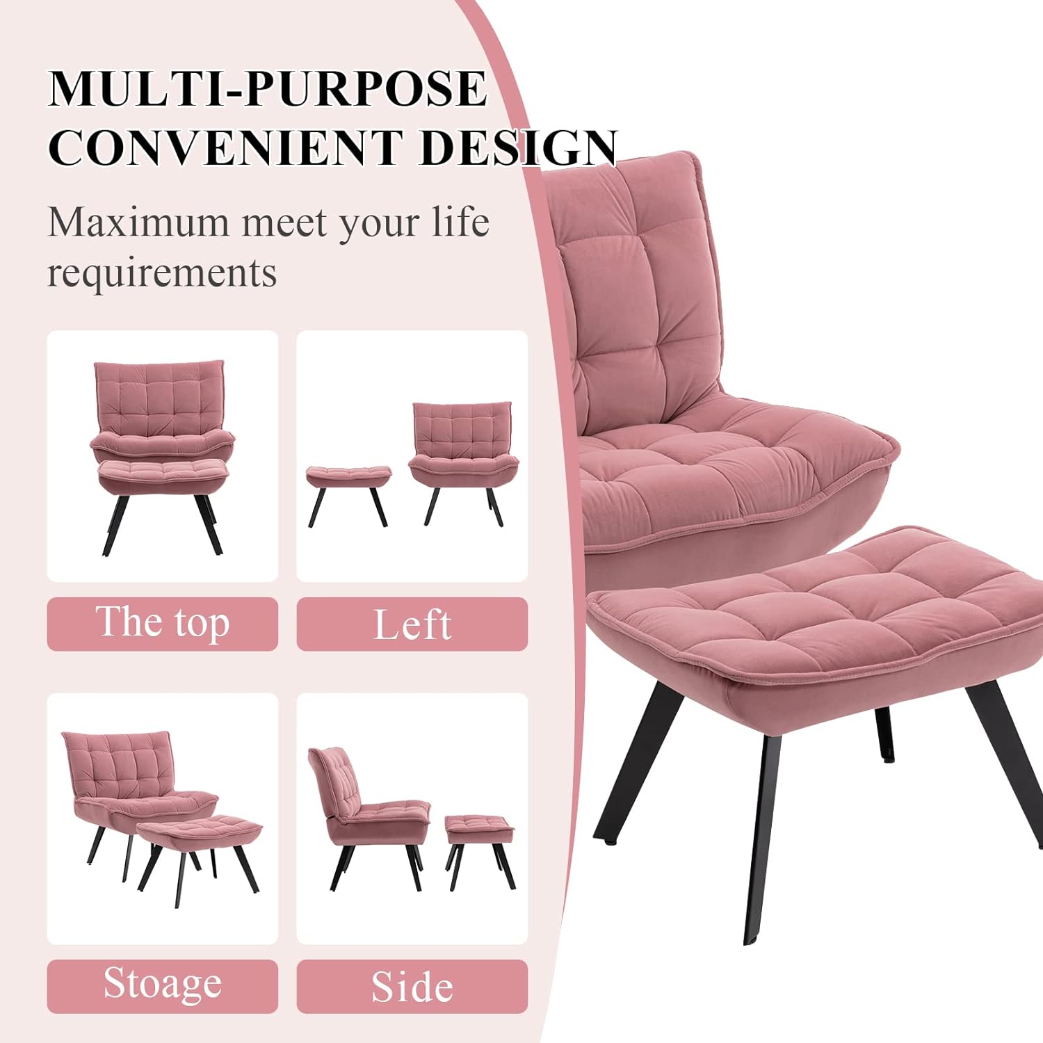 Accent Chair with Ottoman, Tufted Upholstered Lazy Chair, Club Chair, Leisure Single Sofa with Footrest, Reading Chair with Adjustable Leg, for Living Room, Bedroom, Office (Pink)