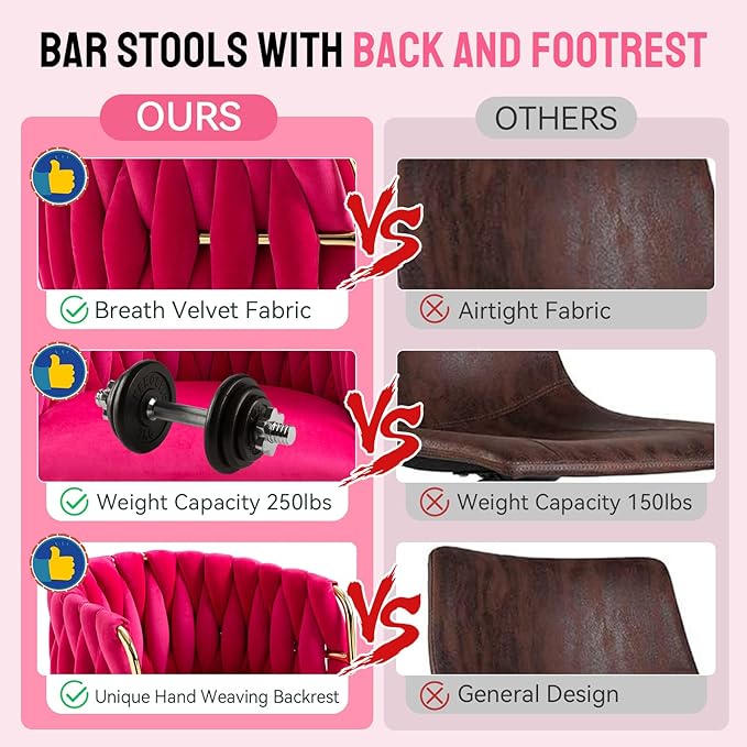 Bar Stools Set of 2 with 360° Swivel Hand Woven Backrest Design Upholstered Adjustable Counter Velvet Bar Stool with Golden Bracket Back and Footrest Bar Chair for Kitchen, Pub (Rose Red)