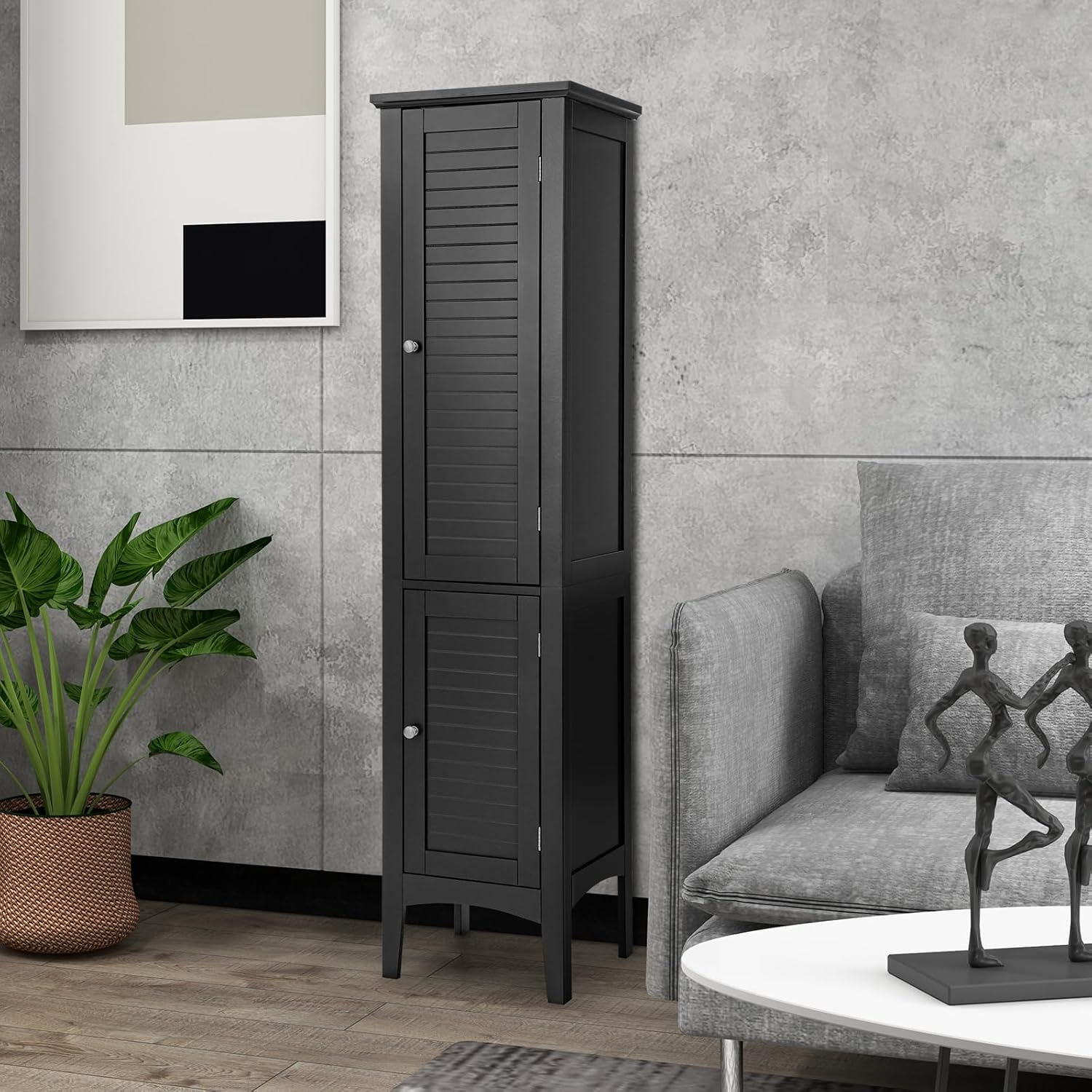 Tall Bathroom Storage Cabinet, 5-Tier Freestanding Linen Tower Cabinet with 2 Doors, Wooden Side Storage Organizer