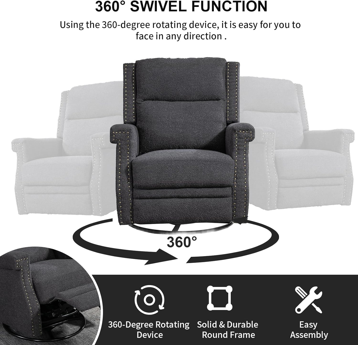 Nursery Rocking Chair, Upholstered Recliner Chair with Rivet Decoration, 360 Degree Swivel Chair with Adjustable Footrest, Glider Chair for Living Room, Bedroom (Black)