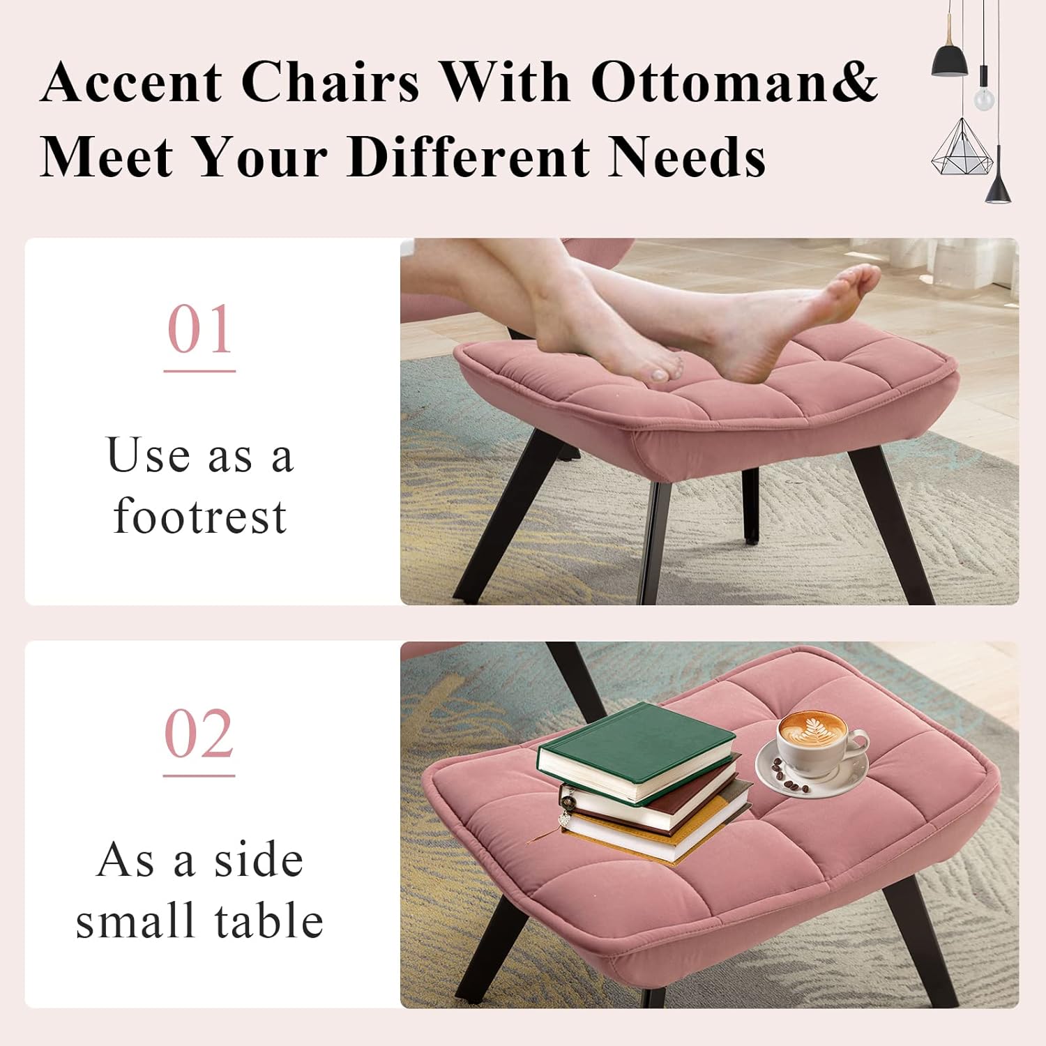 Accent Chair with Ottoman, Tufted Upholstered Lazy Chair, Club Chair, Leisure Single Sofa with Footrest, Reading Chair with Adjustable Leg, for Living Room, Bedroom, Office (Pink)