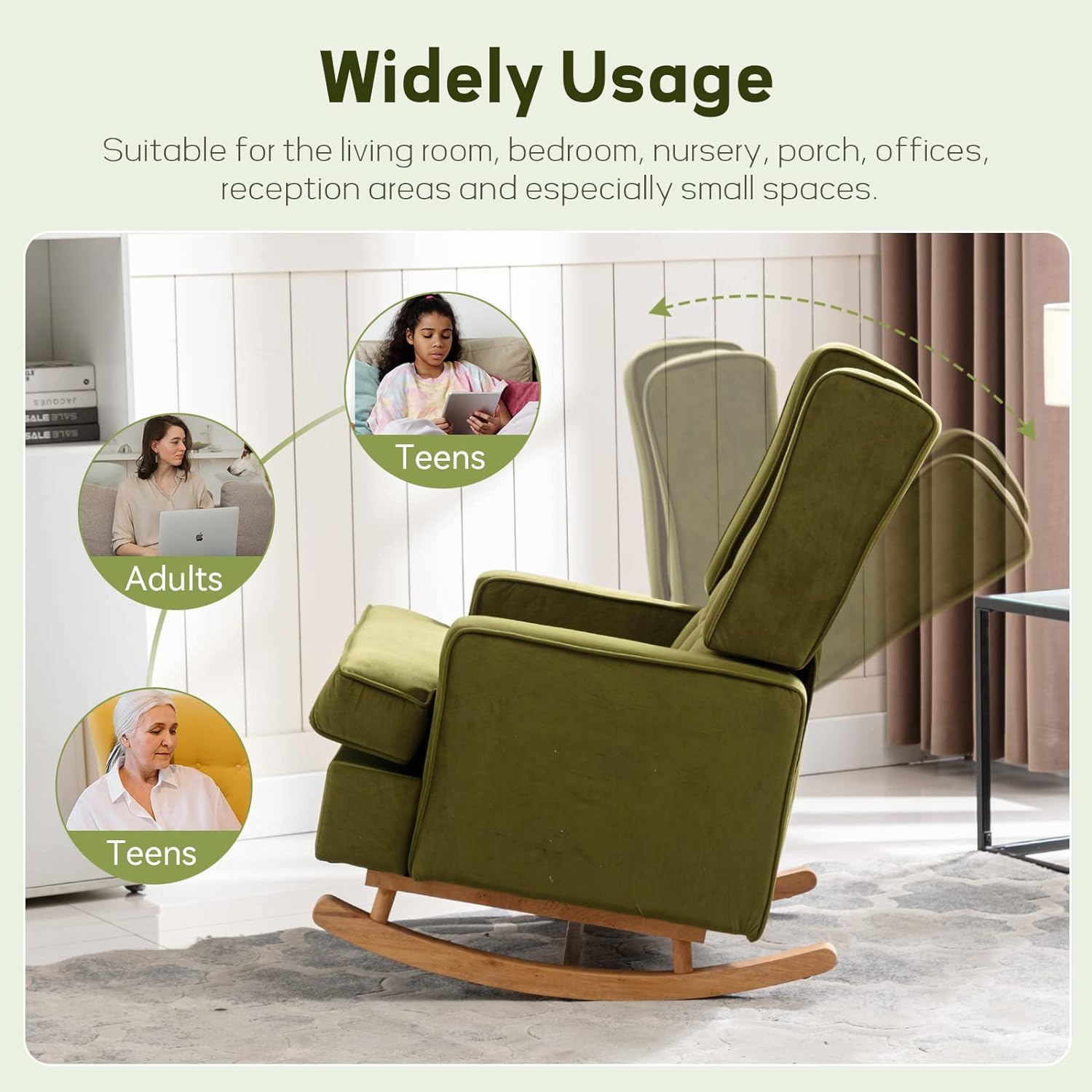Nursery Rocking Chair Upholstered Rocking Accent Chair Glider Rocker Linen Padded Seat with High Backrest Armchair Comfy Side Chair for Living Room Bedroom Offices (Olive)