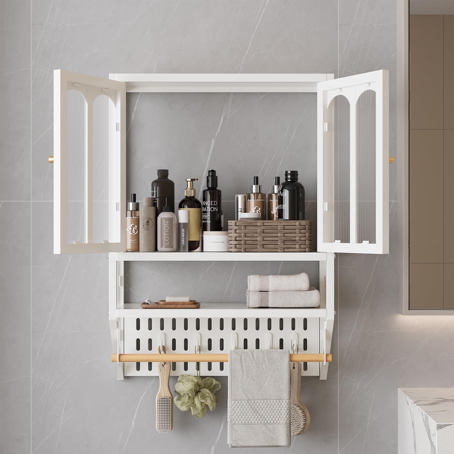 Metal Bathroom Wall Cabinet with Towel Bar & Hooks, Medicine Cabinet for Bathroom, Modern Industrial Wall Cabinet