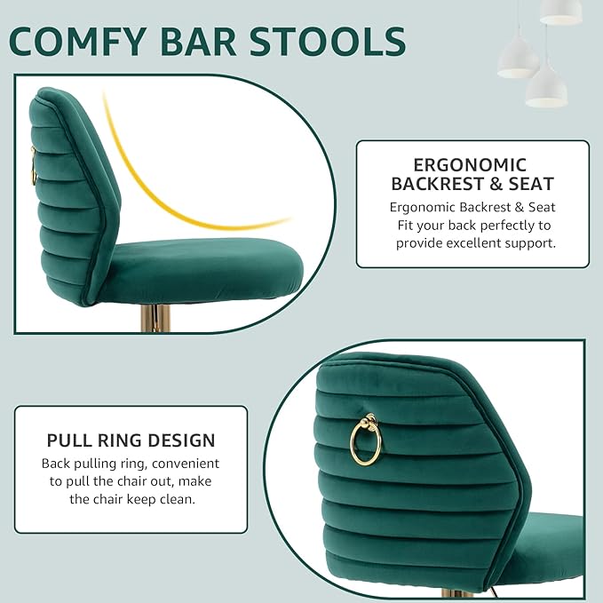 Modern Velvet Bar Stools Set of 2, Swivel Barstools with Golden Legs, Back Ring Design, Kitchen Island Chairs, Counter Height Stool for Home Bar, Kitchen Island,Pub, Cafe (Green)