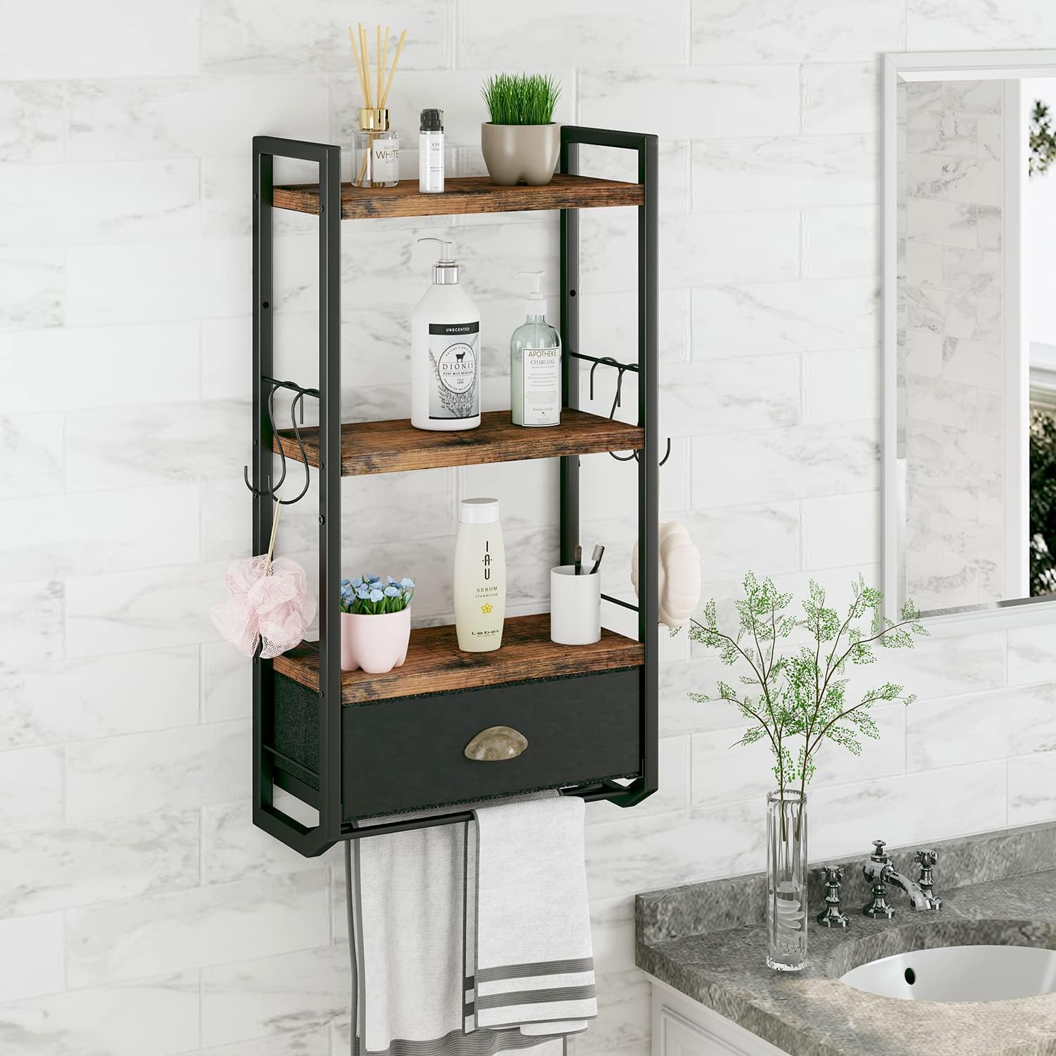 Bathroom Storage Organizer Wall Mounted, 3 Tier Bathroom Towel Rack Shelf with Storage Drawer Double Towel Bars and Hooks