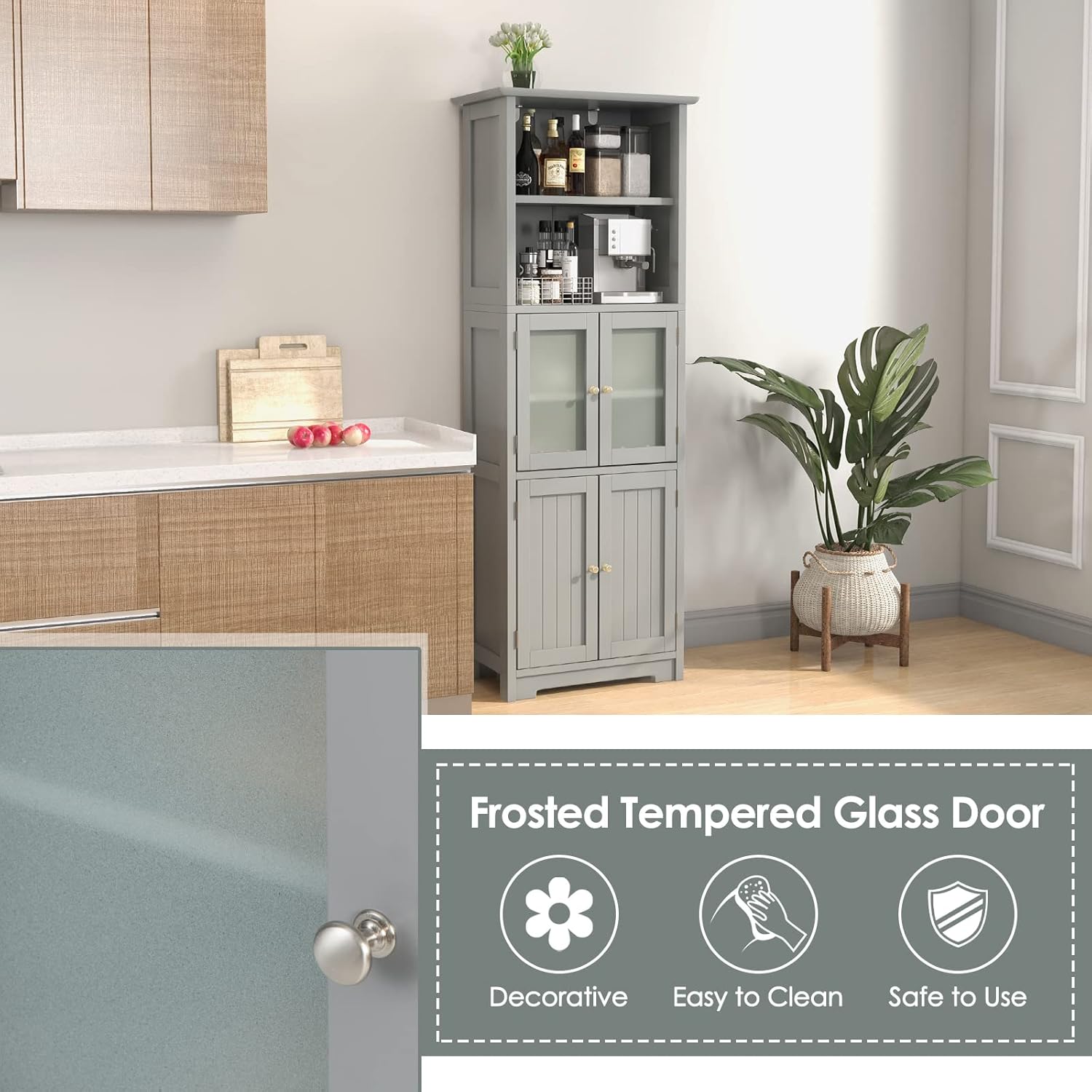 Tall Bathroom Storage Cabinet, Freestanding Floor Cabinet w/2 Glass Doors & 2 Open Shelves, 3-Position Adjustable Shelves, Anti-toppling Design